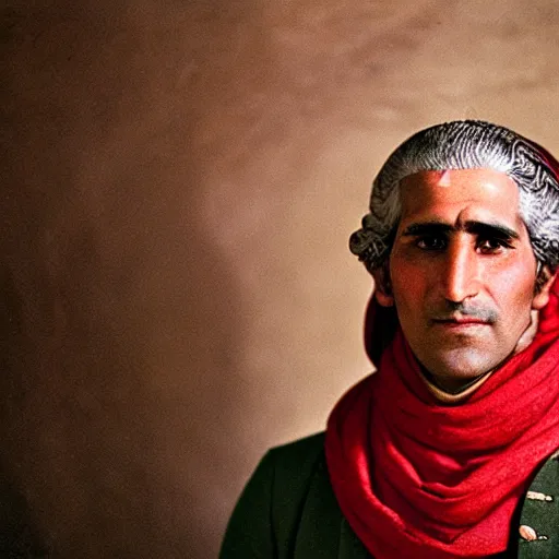 Image similar to portrait of george washington as afghan man, green eyes and red scarf looking intently, photograph by steve mccurry