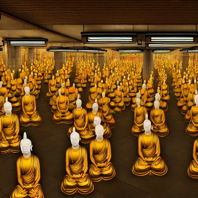 Image similar to a beautiful painting the subway station is full of hundreds of buddhas, by ultra detailed, hyper realistic, volumetric lighting render