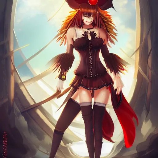 Image similar to advanced digital anime character art, female pirate captain with a yellow and a red eye , res brown hair wearing a corset and large pirate hat with feathers, RossDraws, WLOP, Sakimichan. —H 768