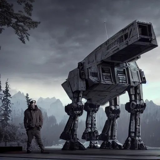 Prompt: a hyperrealistic octane render of a star wars at - at in the pose of the thinker, unreal engine, 8 k, dramatic lighting, volumetric lighting, hyper detailed, photorealistic