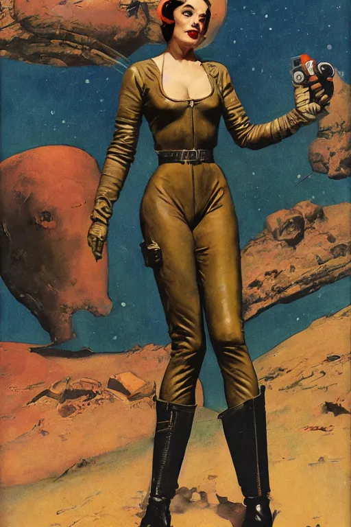 Image similar to 5 0 s pulp scifi fantasy illustration full body portrait slim woman in leather spacesuit on rocky mars, by norman rockwell, roberto ferri, daniel gerhartz, edd cartier, jack kirby, howard v brown, ruan jia, tom lovell, frank r paul, jacob collins, dean cornwell, astounding stories, amazing, fantasy, other worlds