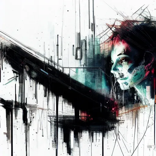 Image similar to a cyberpunk noir detective, skulls, wires cybernetic implants, machine noir grimcore in cyberspace photoreal, atmospheric by jeremy mann francis bacon and agnes cecile, ink drips paint smears digital glitches