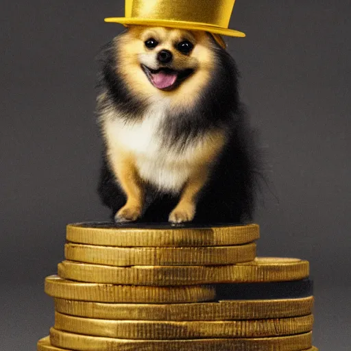 Image similar to A pomeranian wearing a top-hat, sitting on top of a large pile of gold coins