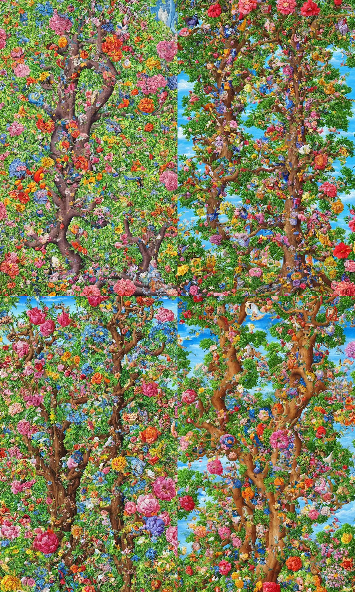 Prompt: an incredibly detailed masterpiece painting of a giant tree by bosch and lisa frank, flowers and garden surround the tree, ornate, beautiful, bold colors, detailed, high resolution, wow!, intricate