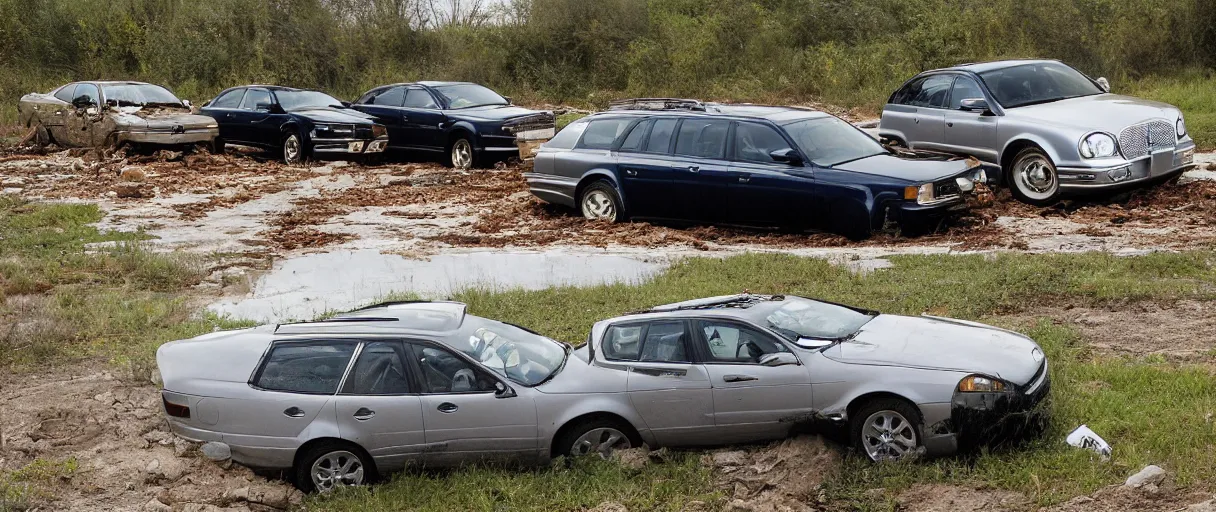 Image similar to a abandoned 2 0 0 4 jaguar xj 8 buried underwater alongside a 2 0 0 1 chevrolet suburban.