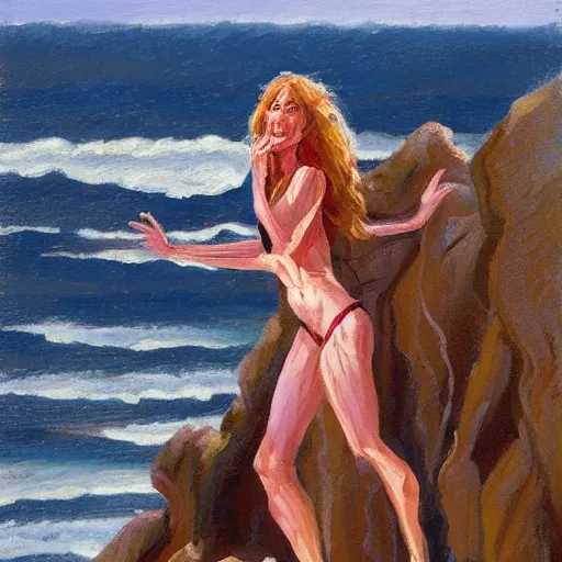 Image similar to improvisational by steve henderson. a beautiful print of a human - like creature with long, stringy hair. the figure has no eyes, only a mouth with long, sharp teeth. the creature is standing on a cliff overlooking a dark, foreboding sea.