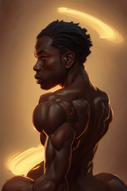 Prompt: clear portrait of a black attractive men, cottagecore!!, background hyper detailed, character concept, full body, dynamic pose, glowing lights!! intricate, elegant, highly detailed, digital painting, artstation, concept art, smooth, sharp focus, illustration, art by artgerm and greg rutkowski and alphonse mucha