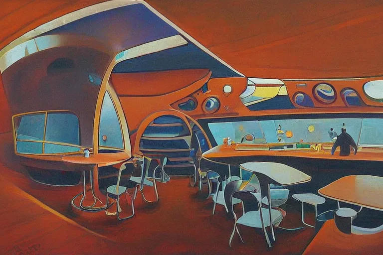 Image similar to coffee shop in a spaceship by robert theodore mccall