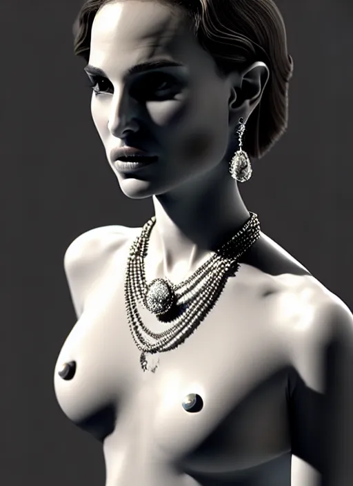 Image similar to a melting wax model of an absurdly beautiful, graceful, sophisticated, fashionable woman, natalie portman, in the style of irakli nadar and alexandre ferra, white porcelain skin, faberge, intricate chrome chains, dark atmosphere, unreal engine 5 highly rendered, global illumination, radiant light, detailed and intricate environment