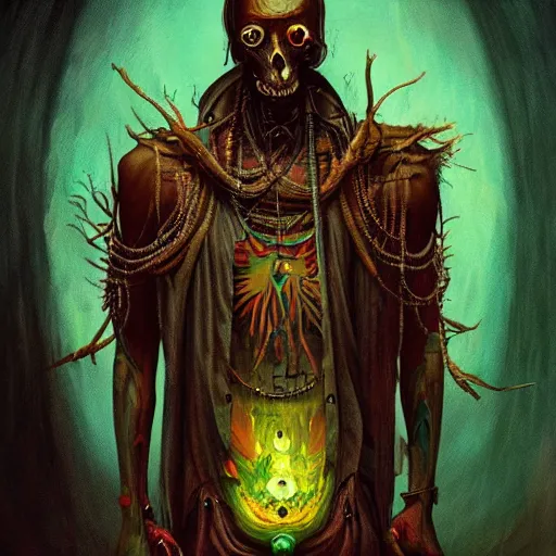 Prompt: a death tarot featuring an african shaman in a cyberpunk voodoo style by anton semenov and android jones, oil on canvas