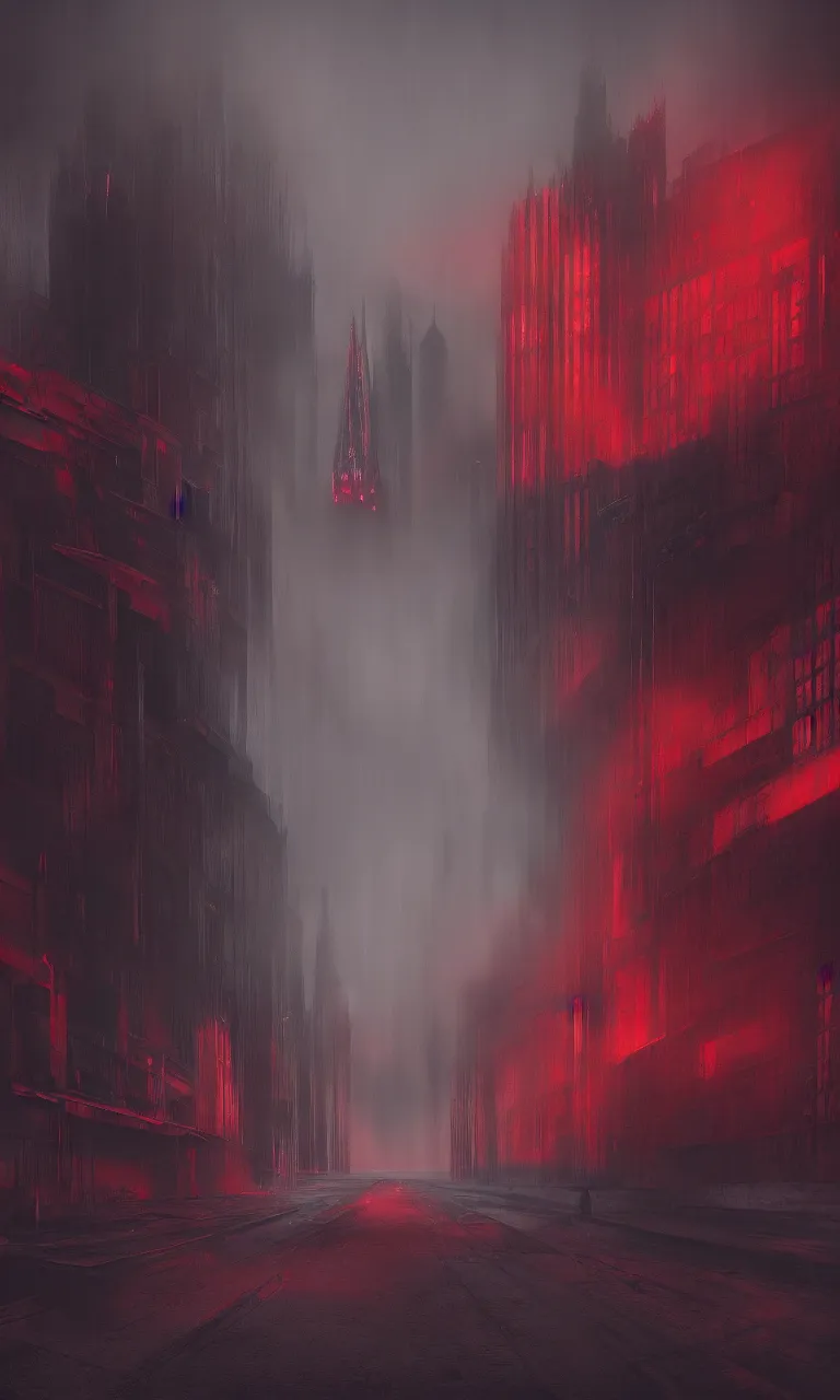 Image similar to Matte painting of dark brutalist cathedral with red neon signs, abandoned streets, cityscape, dark sky, hyper realism, fog, 8k, trending on artstation