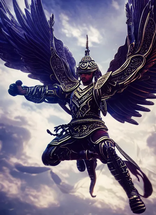 Image similar to archangel micheal flying in sky by huang guangjian, taekwon kim rostbite 3 engine, cryengine, dof, trending on artstation, digital art, chanel, dior, fantasy and detailed and intricate background