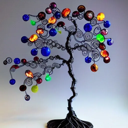 Prompt: intricate wire tree windswept and wing shaped with agate accents, delicate, magnificent design, masterpiece, colorful, surreal, elaborate, dramatic lighting