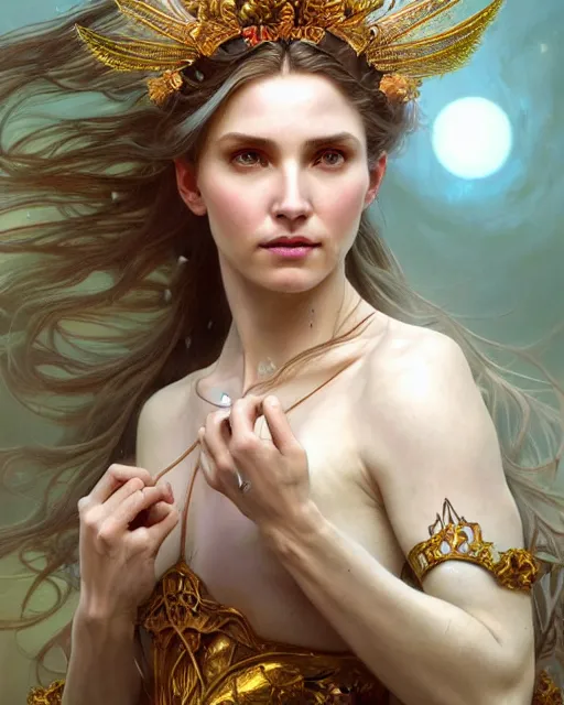 Image similar to realistic portrait of a beautiful white witch, bright, beautiful, heroic pose, beautiful face, magic, dramatic lighting, intricate, wild, highly detailed, digital painting, artstation, concept art, smooth, sharp focus, illustration, art by artgerm and greg rutkowski and alphonse mucha, footage from space camera