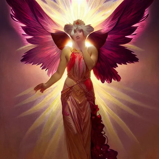 Image similar to a beautiful orchid phoenix angel woman, in an ornamented dress with large wings, volumetric light, god rays, 8 k high resolution, rubies, by greg rutkowski, alphonse mucha, artgerm,