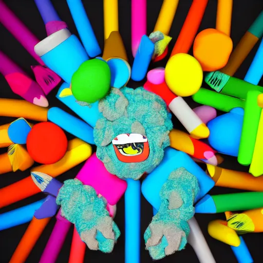 Prompt: misbehaving soft fuzzy monster eating crayons as they melt, in the style of billelis and james jean and pedro conti and stanley kubrick, inspired by die antwoord, kawaii colors, photorealistic, epic, super technical, 3 d render