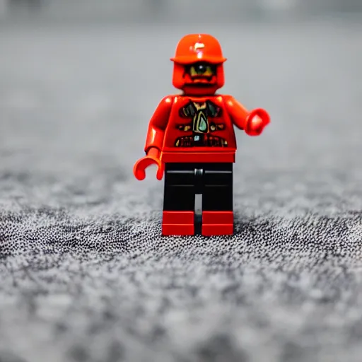 Image similar to macro photography of a minifigure walking on the carpet, 3 5 mm