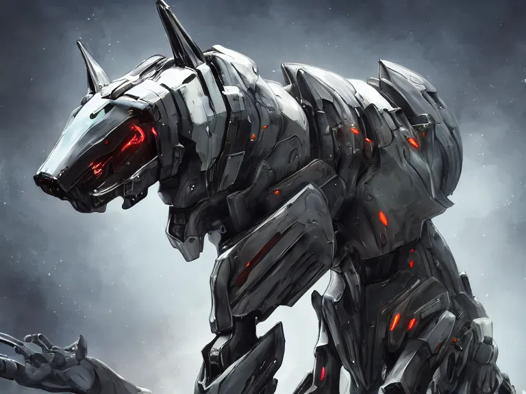 Prompt: cinematic shot, vorestation borg hound, medical mecha hound, taller than man, sharp armor, mecha maw, feral body, sharp metal, visor eyes, detailed, furry art, digital art, warframe hound, furaffinity, deviantart, sofurry