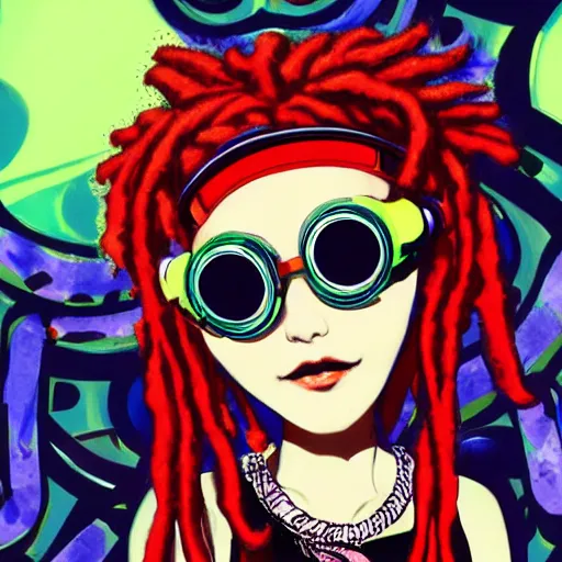 Image similar to eccentric kawaii goth girl with dreads wearing cyber goggles and eclectic jewelry, by jamie hewlett,