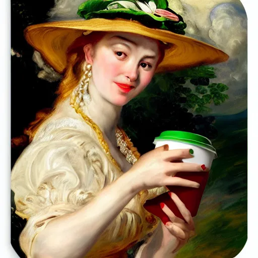 Image similar to heavenly summer sharp land sphere scallop well dressed lady holding a starbucks coffee cup, auslese, by peter paul rubens and eugene delacroix and karol bak, hyperrealism, digital illustration, fauvist, starbucks coffee cup green logo