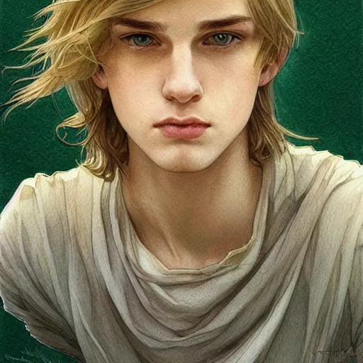 Prompt: teen boy, middle length hair, blonde hair, green eyes, gorgeous, amazing, delicate, elegant, intricate, highly detailed, watercolor, portrait, artstation, concept art, sharp focus, illustration, art by artgerm and greg rutkowski and alphonse mucha