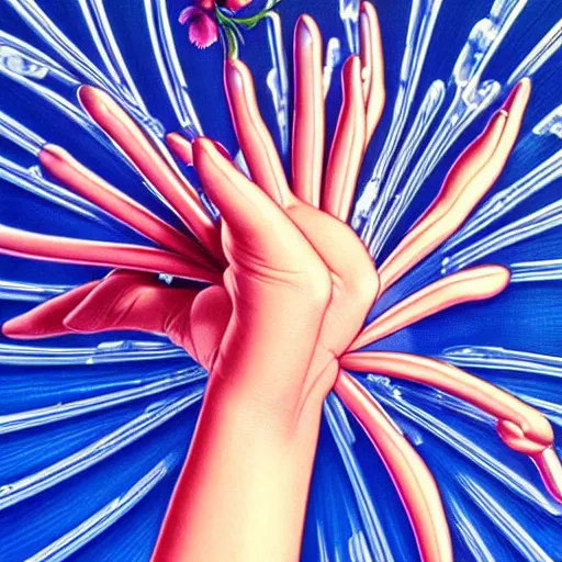 Image similar to close - up of a woman's hand holding a transparent flower, blue sky art by peter lloyd, 1 9 8 0's art, airbrush style, art by hajime sorayama,, intricate, elegant, sharp focus, illustration, highly detailed, h 8 0 0