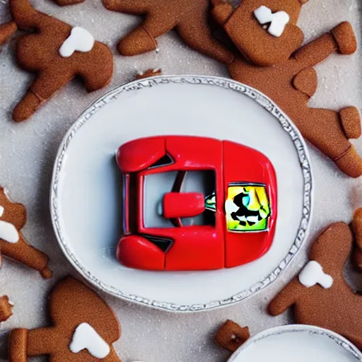 Prompt: a gingerbread ferrari, food photography, car photography