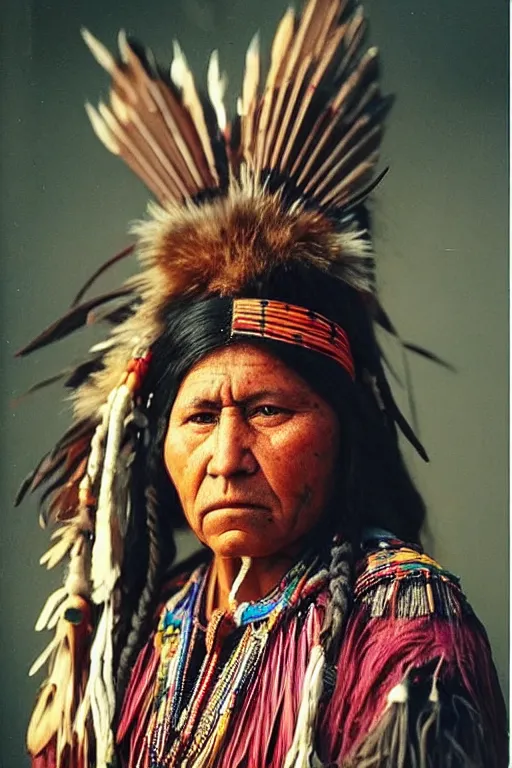 Image similar to “Color Photo of Native American indian woman, portrait, skilled warrior of the Chiricahua Apache, Lozen was the sister of Victorio a prominent Chief, wearing traditional clothing, showing pain and sadness on her face, realistic, detailed, shot like National Geographic”