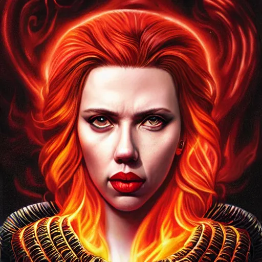 Image similar to queen of hell portrait of scarlett johansson, fire and flame, big long hell serpent octopus, Pixar style, by Tristan Eaton Stanley Artgerm and Tom Bagshaw.