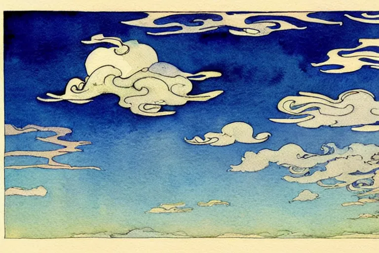 Prompt: watercolor clouds in sky art by kay nielsen and walter crane, illustration style, watercolor