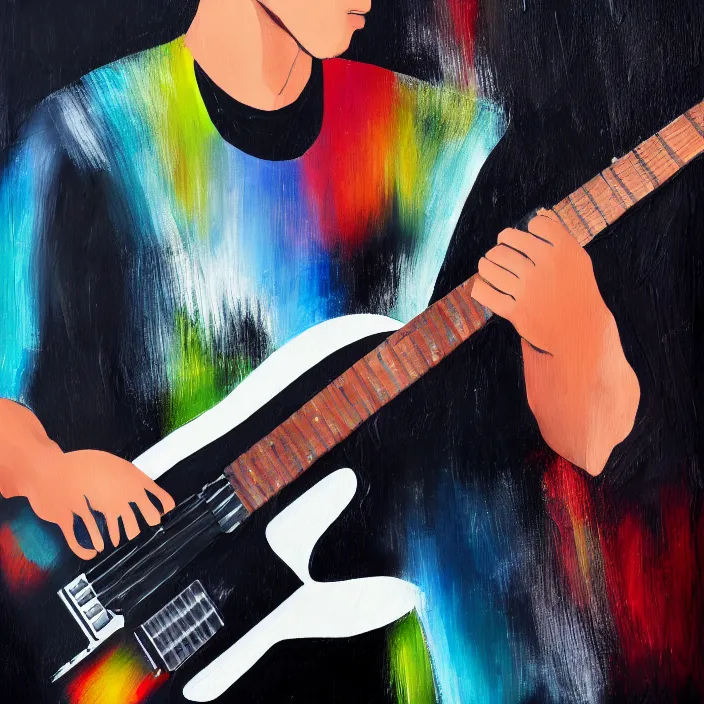 Image similar to large diagonal brush strokes, abstract dark painting of a young korean male musician wearing black tank top holding a telecaster!!! electric guitar!! in a dark room, thick flowing dramatic brush strokes, matte colors, abstract, impressionist, motion, trending on artstation