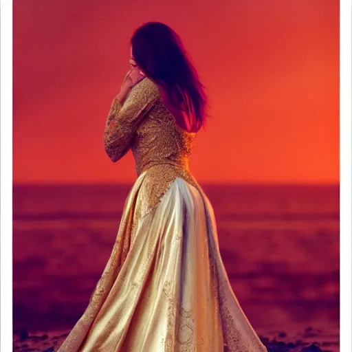 Image similar to woman love woman, sweet hugs, royal dress, gold trim, atmoshperic, elegant, sharp focus, sand sea, red sun, by 3 8 0 light & color female reference pictures, trending on artstation, intricate details