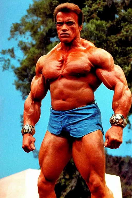 Image similar to arnold schwarzenegger as he - man, full body, symmetrical features, color photo, 1 9 8 5 photograph, kodachrome, aged paper, sergio leone, master prime lenses, cinematic