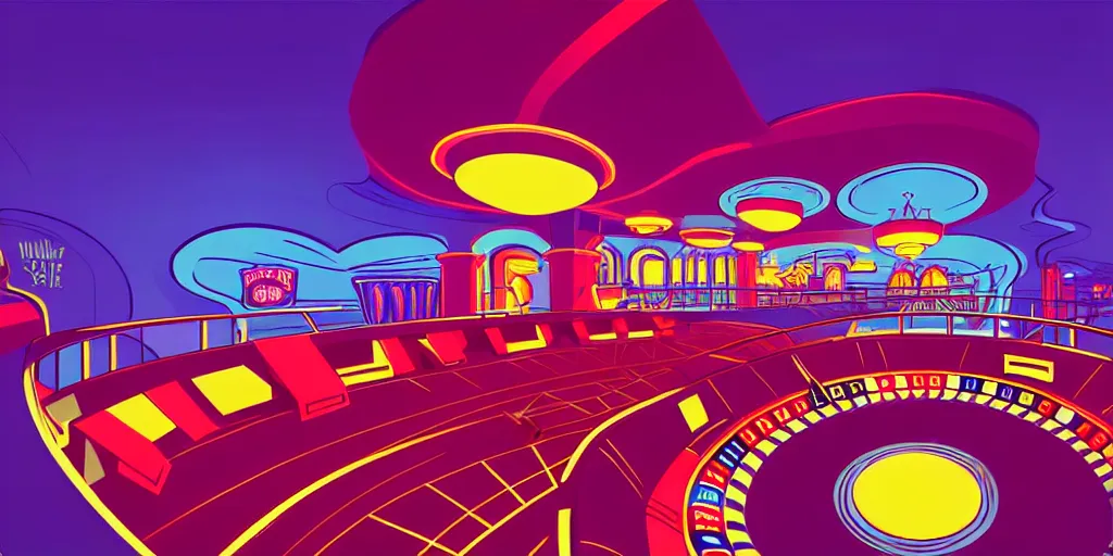 Prompt: minimalistic extreme wide angle curved perspective digital art of indoor top floor of a casino with a balcony to the ground floor by anton fadeev from ( nightmare before christmas )!!!!!!!!!!