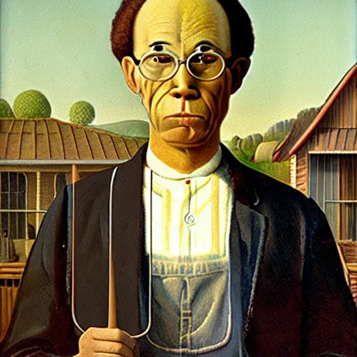 Image similar to fat orange tabby cat, man with afro, american gothic by grant wood