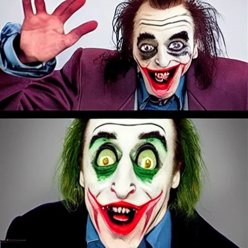 Prompt: funny face pulling competition winning funny face photo of nicolas cage as the joker from batman, goofy smile, pulling the move'derp banshee ', hilarious face pulling competition winner, extreme face contortion