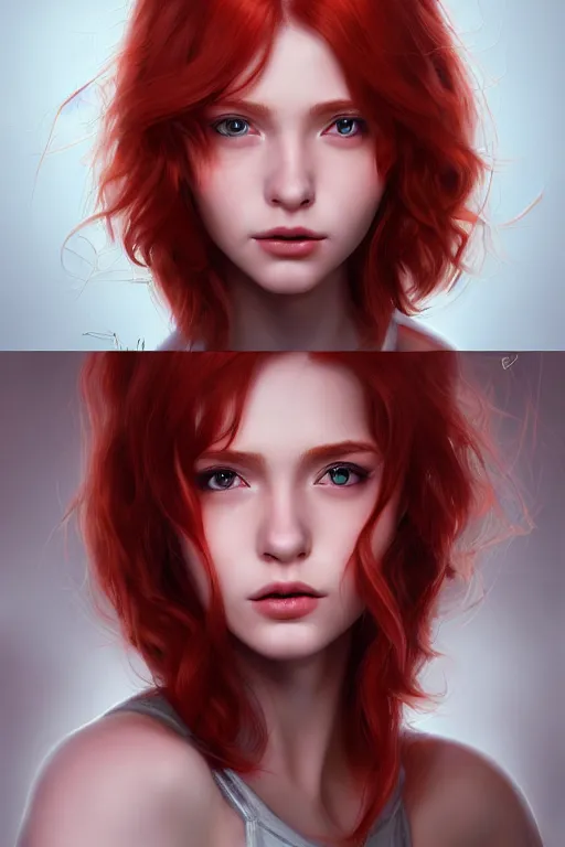 Prompt: ultra realistic style illustration of a cute red haired young woman, 1 9 year old, headshot, sci - fi, fantasy, intricate, elegant, highly detailed, digital painting, artstation, concept art, smooth, sharp focus, illustration, 8 k frostbite 3 engine, ultra detailed