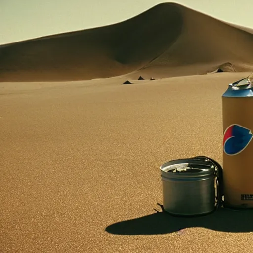 Prompt: a man wearing a hazmat suit, in the desert, giant pepsi cans imbedded in sand in background, film still, panavision panaflex