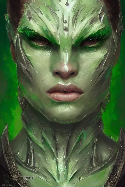 Image similar to green human faced orc female, light green tone beautiful face, plated armor intricate, elegant, highly detailed by artgerm, trending on artstation by greg rutkowski, by jeremy mann, digital painting