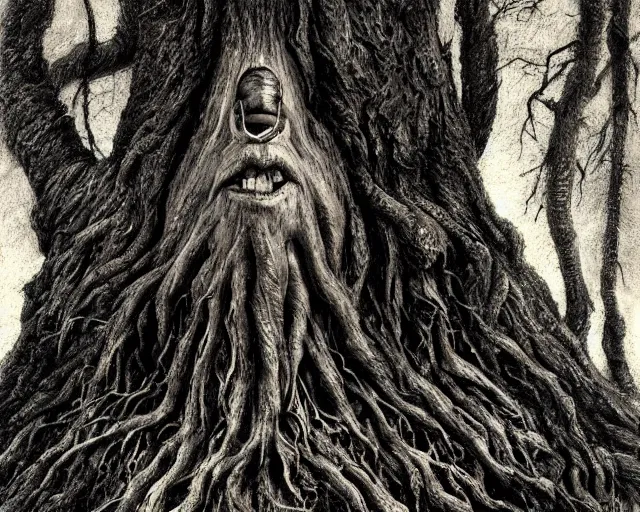 Image similar to a talking oak tree, a face in the bark, nose made of wood, eyes in the bark, mouth in the bark, fantasy horror concept art, scary, digital painting, oil painting, hyperrealistic, treebeard, ent, highly detailed, dark and gloomy, very detailed eyes, artstation, cgsociety, in the forest, by alan lee, by artgerm