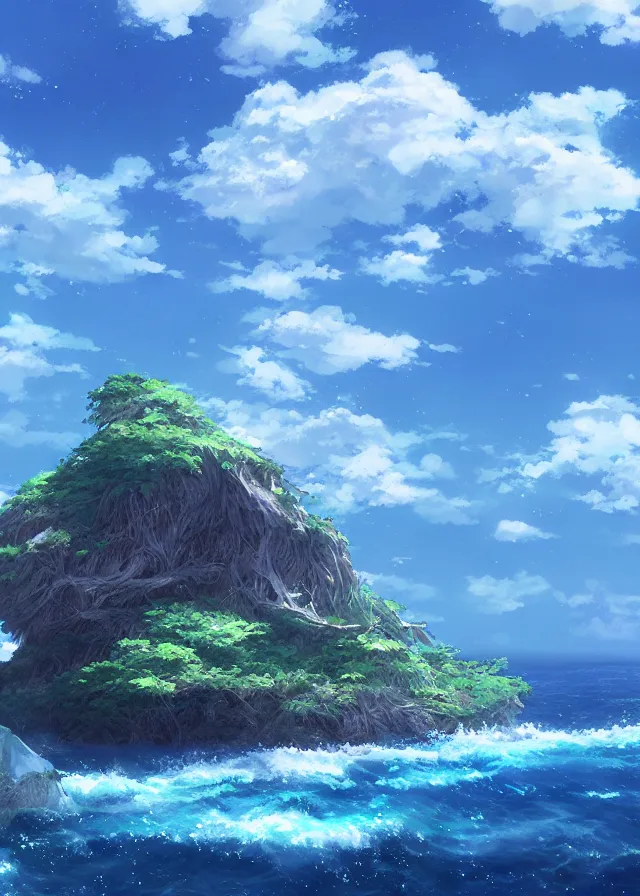 Image similar to island in a blue sea, makoto shinkai