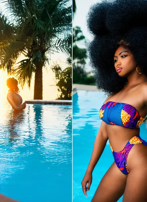 Image similar to a plump afro girl on the edge of the pool in a galographic swimsuit, a swimsuit with a lock on the chest, afro pigtails hairstyle, sunset mood, vogue style,, golden ratio, perfect composition, medium close - up ( mcu ), cannon ef 6 5 mm f / 2. 8 8 k