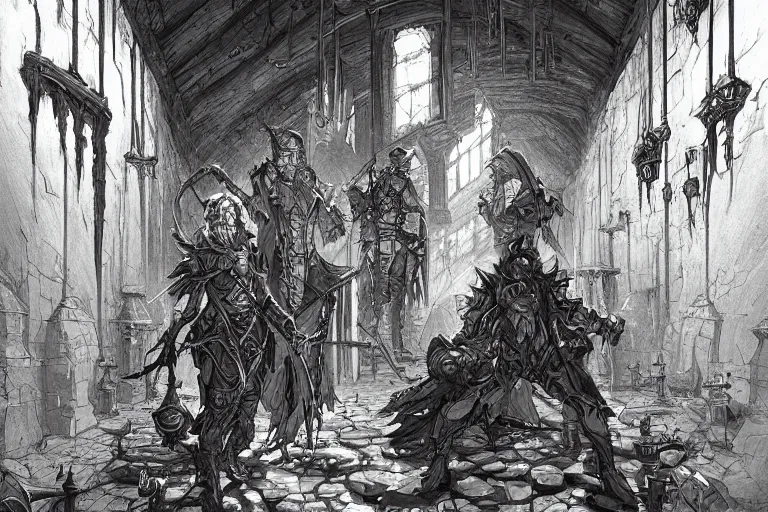 Image similar to black and white one point perspective apothecary dungeon rpg fantasy dungeon hall view by artgerm and Craig Mullins, James Jean, Andrey Ryabovichev, Mark Simonetti and Peter Morbacher 16k