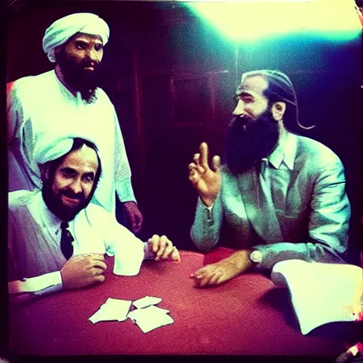 Image similar to “80’s Polaroid flash photo, Saul Goodman and Osama Bin Laden playing poker”