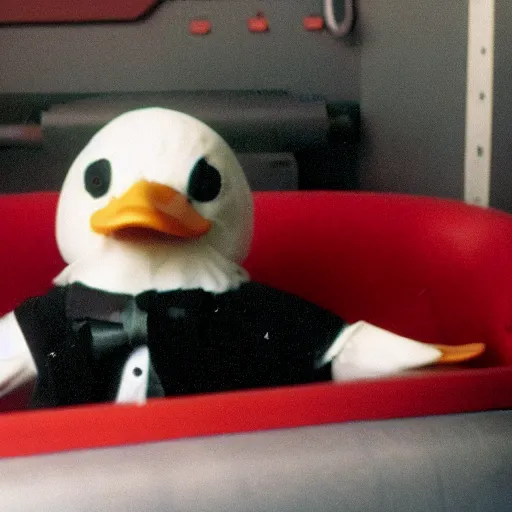 Prompt: a duck dressed in a tuxedo, sitting on a red button, in a nuclear submarine, 3 5 mm grainy film