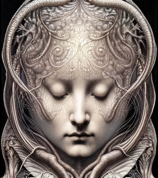 Image similar to detailed realistic beautiful silver goddess face portrait by jean delville, gustave dore, iris van herpen and marco mazzoni, art forms of nature by ernst haeckel, art nouveau, symbolist, visionary, gothic, neo - gothic, pre - raphaelite, fractal lace, intricate alien botanicals, biodiversity, surreality, hyperdetailed ultrasharp octane render