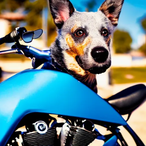 Image similar to blue heeler dog on a motorcycle, 8 k photography, blurred background of a wafflehouse