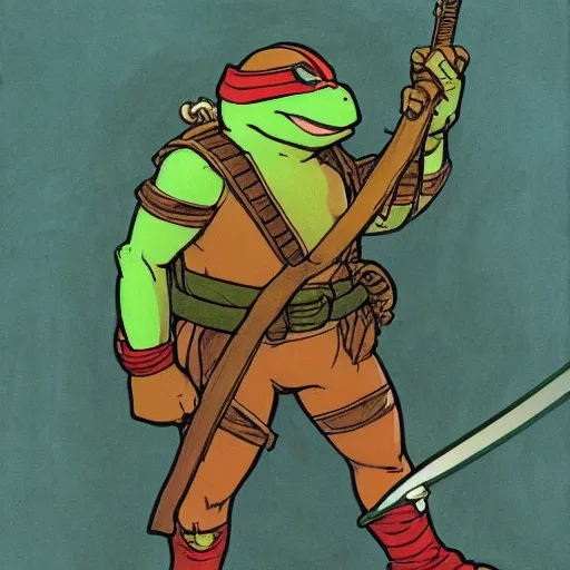 Image similar to a teenage mutant ninja turtle by Mucha.