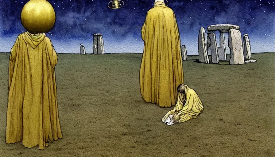 Image similar to a realistic and atmospheric watercolour fantasy concept art of a golden ufo landing on top of stonehenge. a giant medieval monk in grey robes on his knees praying. muted colors. by rebecca guay, michael kaluta, charles vess and jean moebius giraud