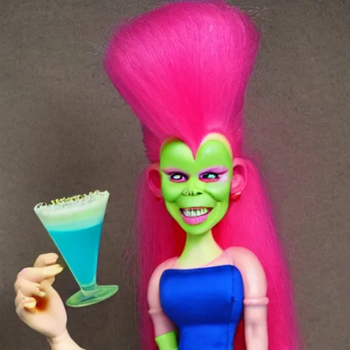 Prompt: 90s troll doll toy, surrounded by lots of money, and drinking a martini with high heels, and bright hair.